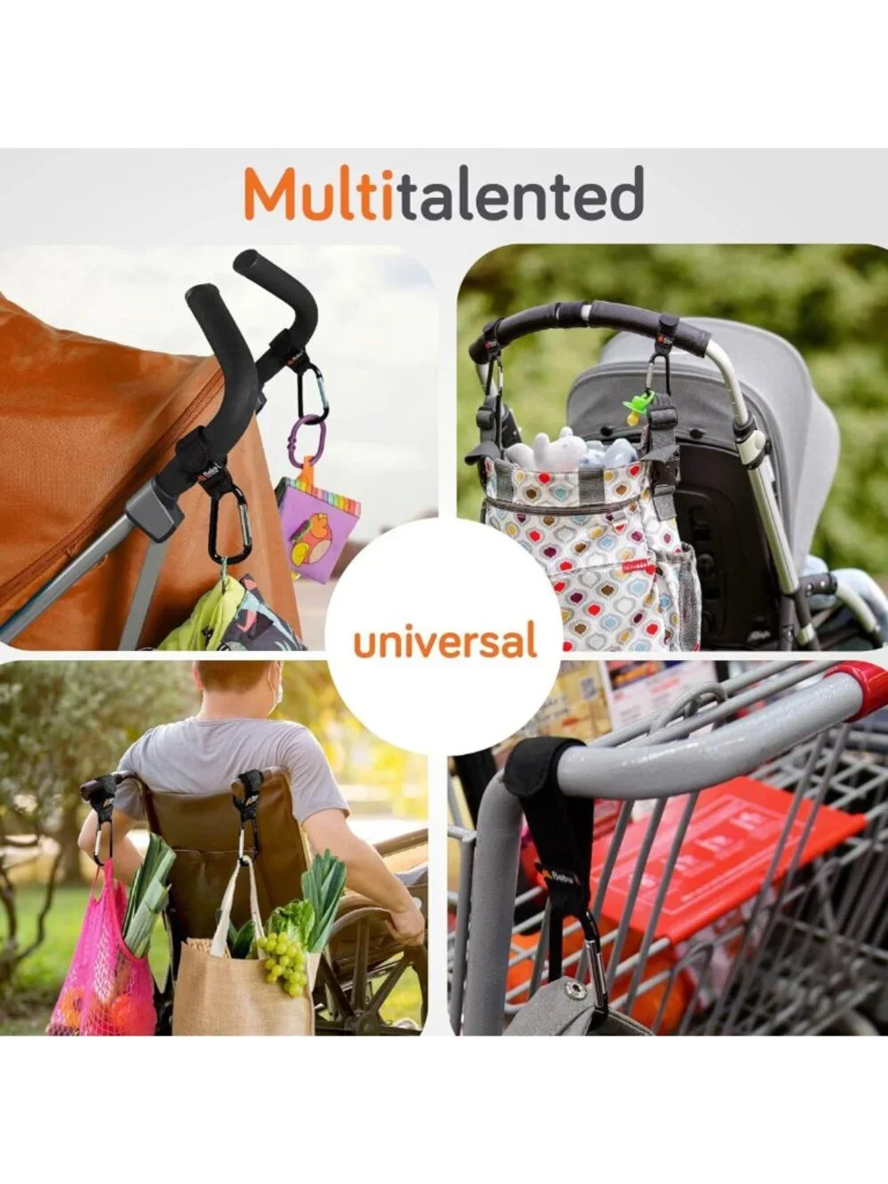 4-Pack Stroller Hooks for Diaper Bags - Adjustable Carabiner Clips, Carry 11 lbs